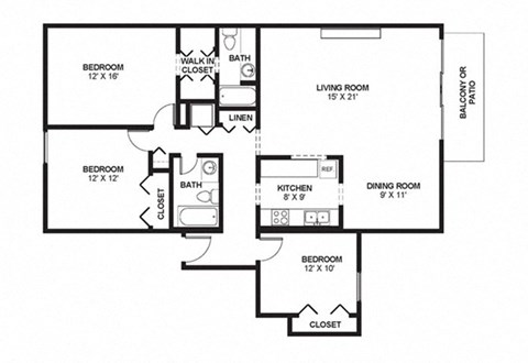 Floor plan for 3 beds, 2 baths, 1335 sqft